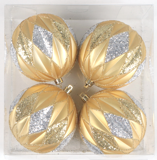 Bauble Gold Matte with Glitter Trim Silver Argyle 100mm 4PCS/BOX - Christmas Decorations Brisbane