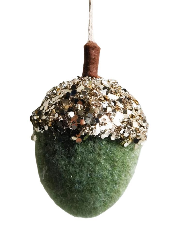 Acorn Glitter Hanging Decoration Sage Green 10cm
