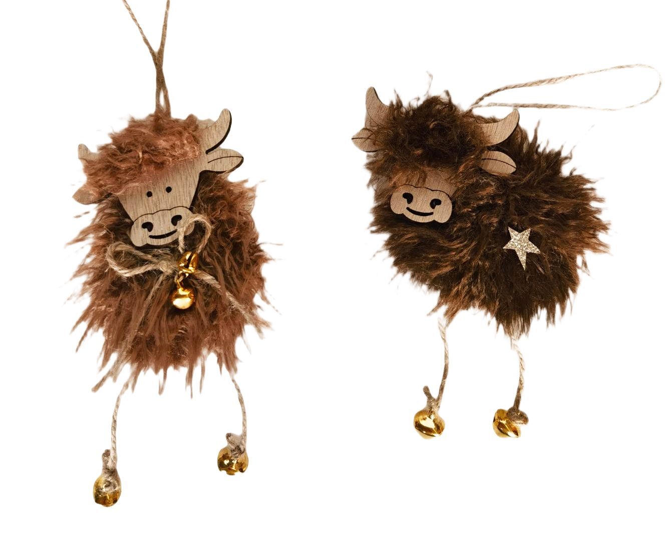 Highland Cow Fluffy Hanging Decoration Tan or Brown 13cm