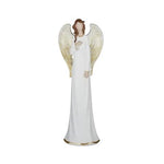 Angel ornament with flowing white dress, gold wings and hand on heart