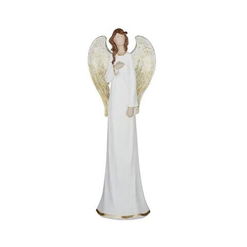 Angel ornament with flowing white dress, gold wings and hand on heart