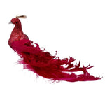 Clip-on peacock red bird with glitter body and curled feathers