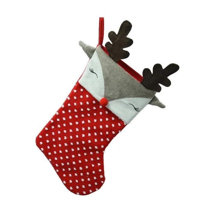 Red christmas stocking white spots and reindeer face embellishment