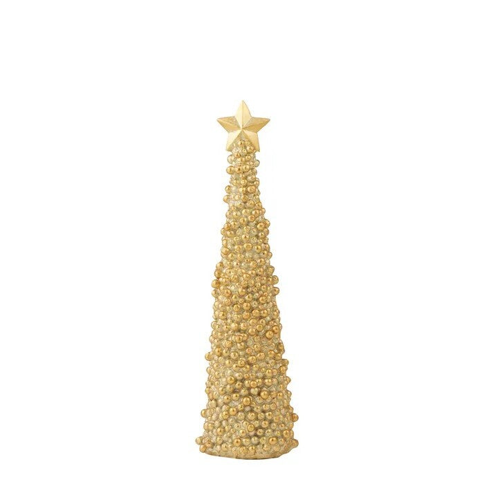 Cone-shaped tree adorned with gold embellishments and topped with a gold star