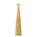 Cone-shaped tree adorned with gold embellishments and topped with a gold star
