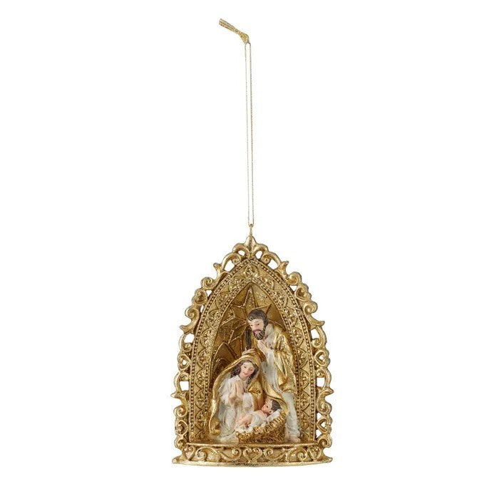 Gold hanging ornament depicting nativity scene