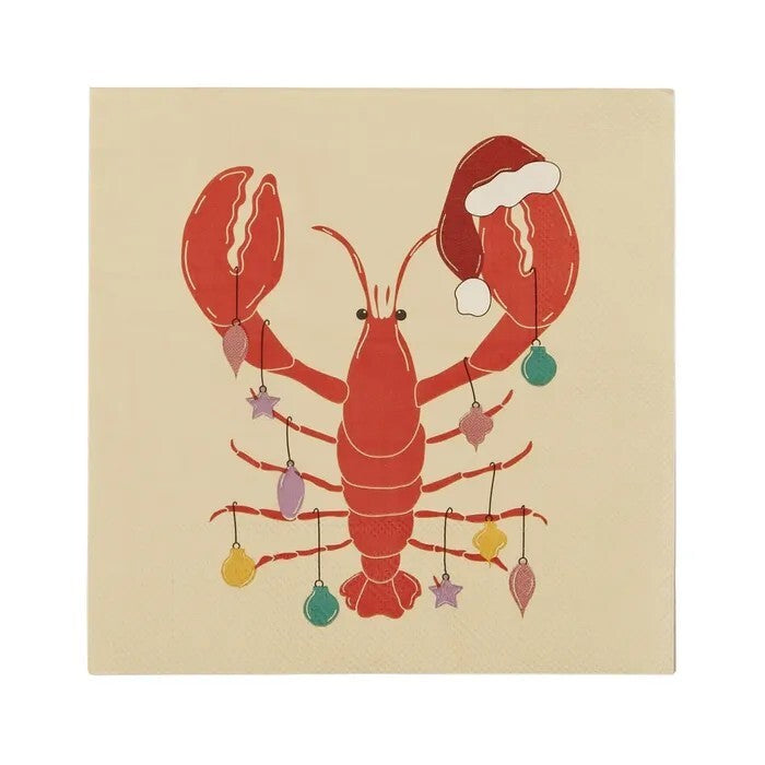 Napkins in a natural base colour featuring lobsters adorned with a Christmas hat and decorations