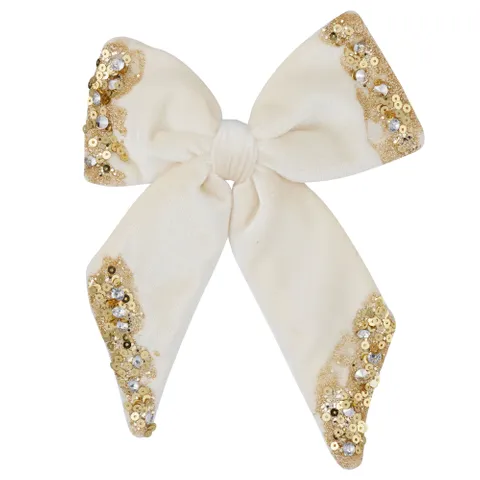 White Bow with Gold Sequins Clip-On 15cm - Christmas Decorations Brisbane