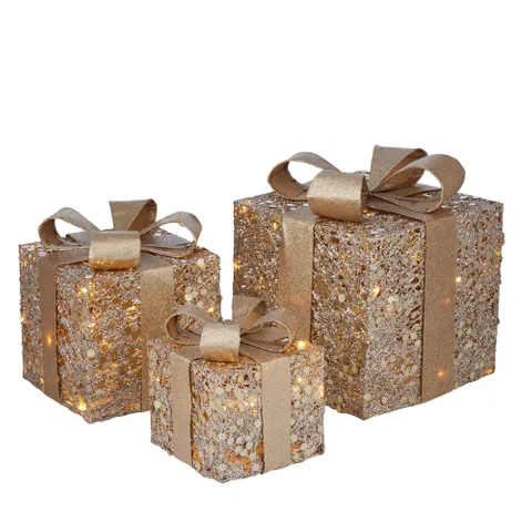 Gift Box Gold Set of 3 LED 25cm - Christmas Decorations Brisbane