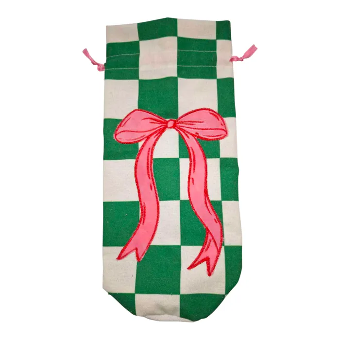 Wine Bottle Bag Green/White Check with Bow 32cm - Christmas Decorations Brisbane