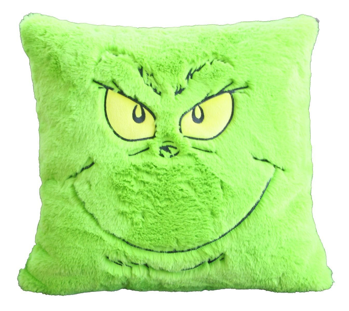 Square plush cushion in green with embroidered Grinch face features and glowing yellow eyes