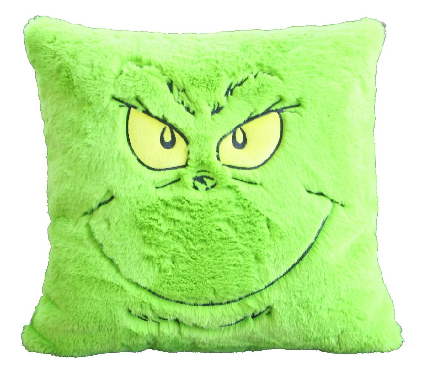 Square plush cushion in green with embroidered Grinch face features and glowing yellow eyes