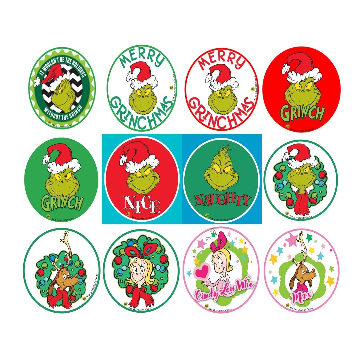 Grinch and Dr Seuss themed hanging disc ornaments in 12 different designs