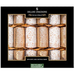 Pack of 6 deluxe Christmas crackers featuring a gold and white metallic leaf pattern