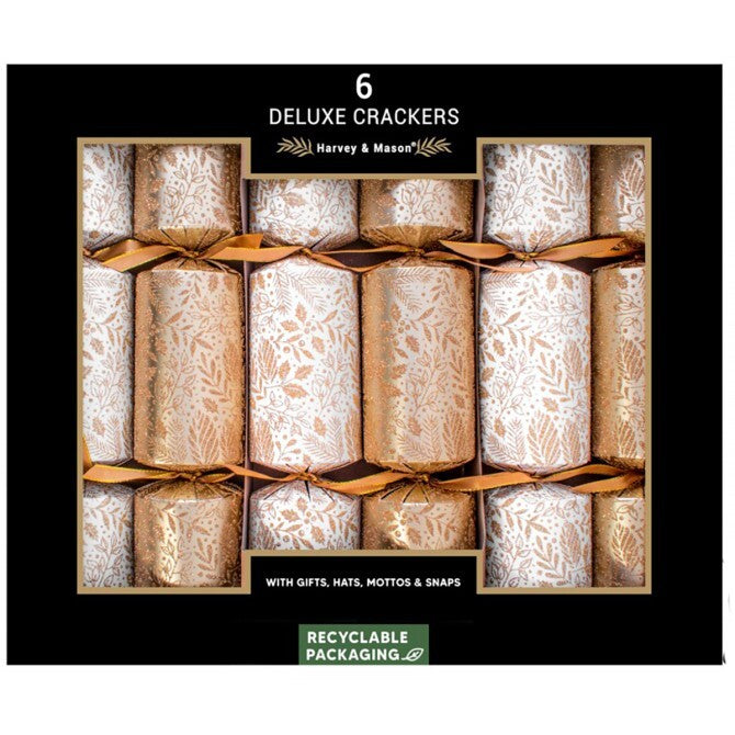 Pack of 6 deluxe Christmas crackers featuring a gold and white metallic leaf pattern