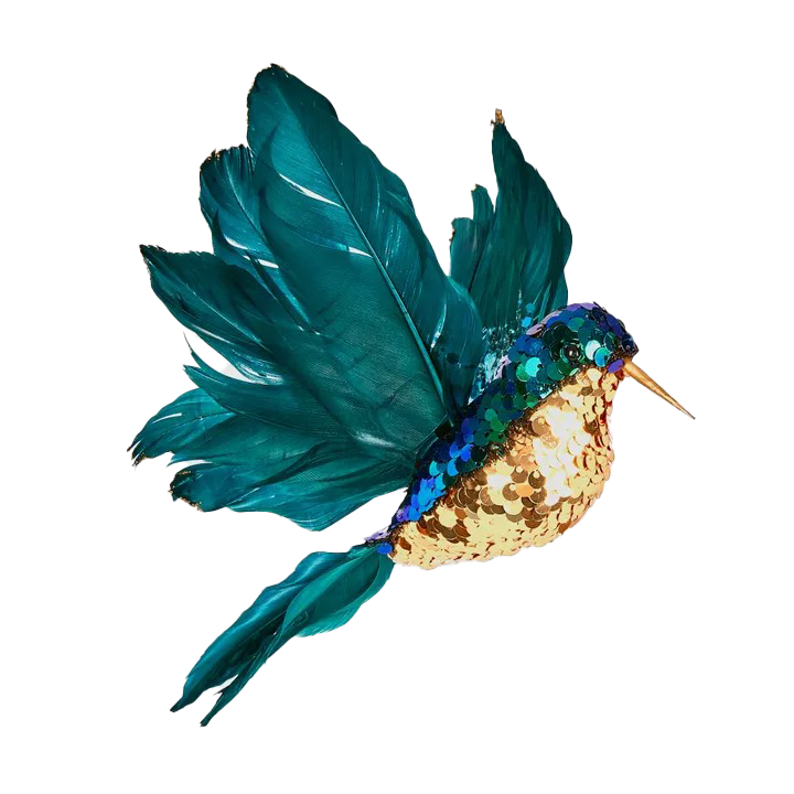 Hummingbird hanging ornament with gold body and green wings