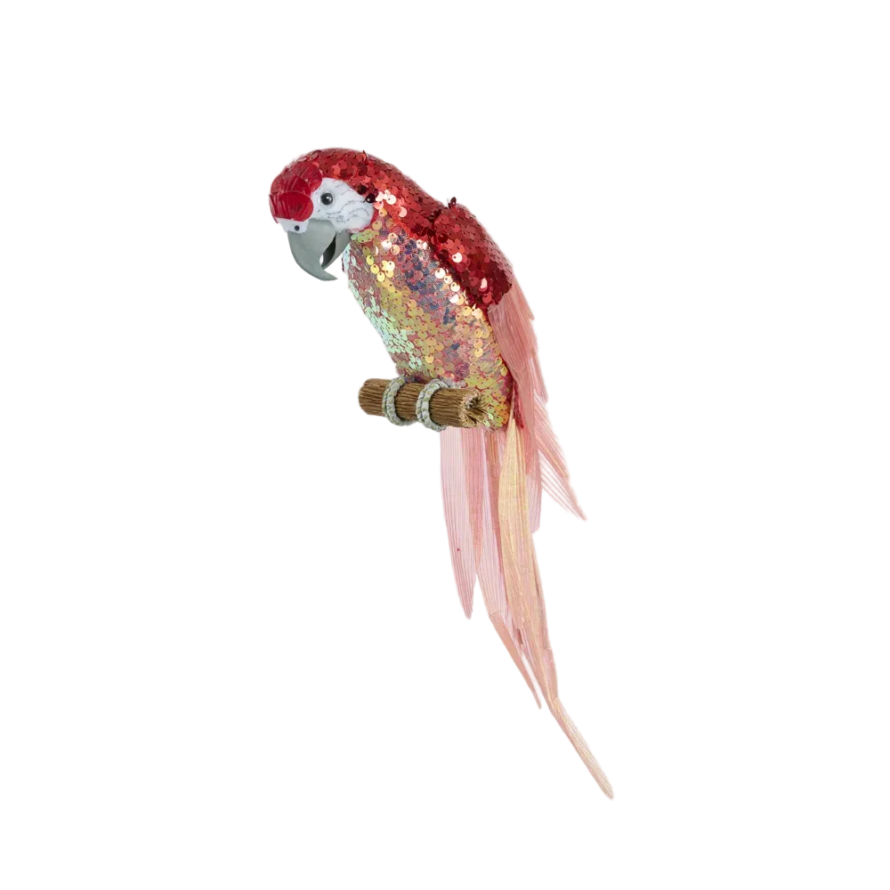 Sequin Parrot Perched Red Wings 40cm - Christmas Decorations Brisbane