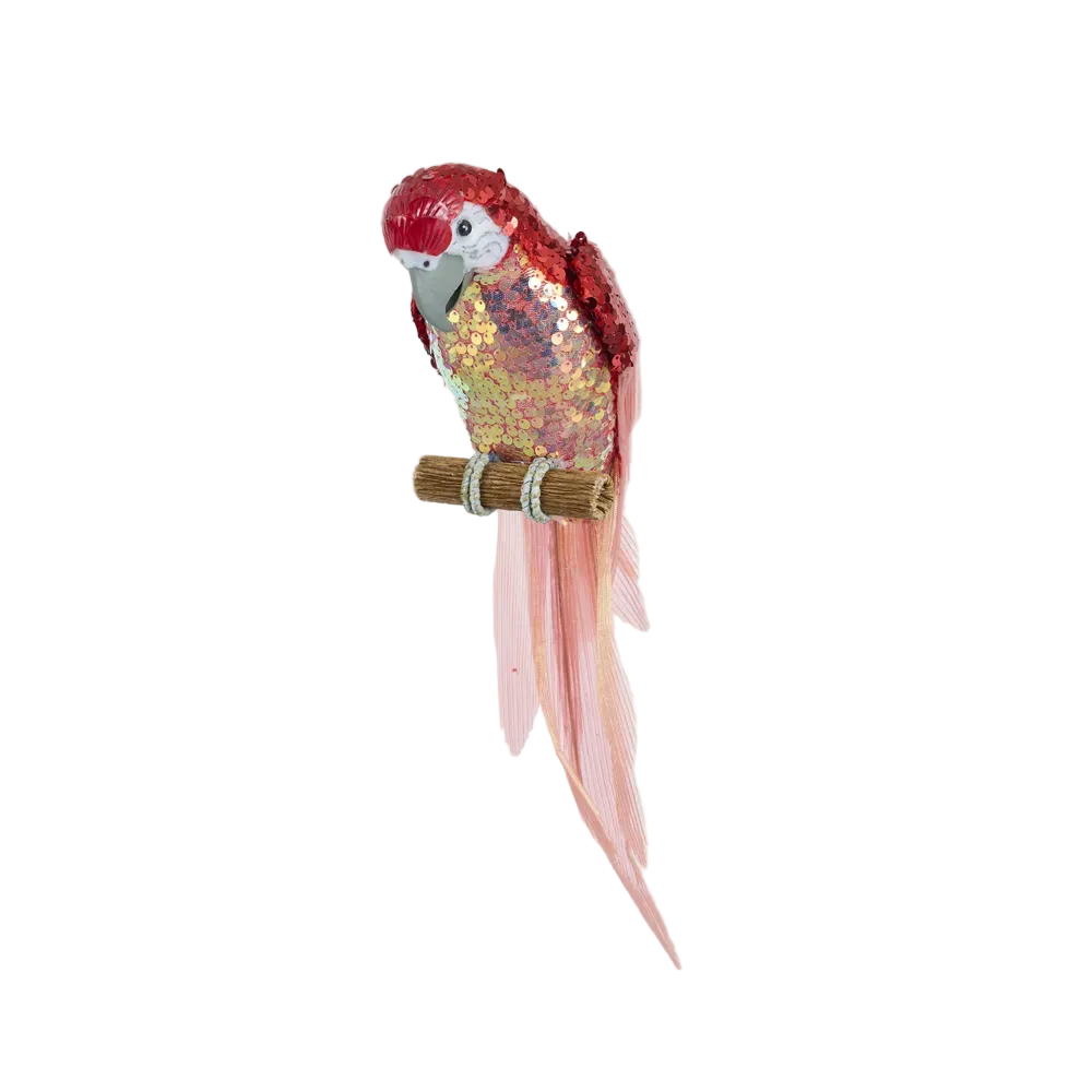 Sequin Parrot Perched Red Wings 40cm - Christmas Decorations Brisbane