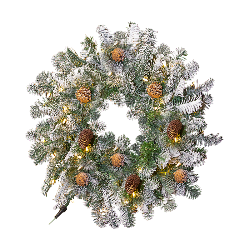 Wreath Flocked Luxe PreLit 60cm - Christmas Decorations Brisbane