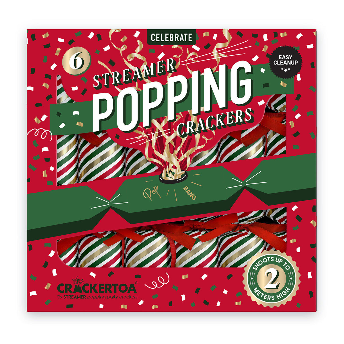 Christmas Crackers with a streamer popping feature. Peppermint swirl design in red, green, gold and white colours. Pack of 6.