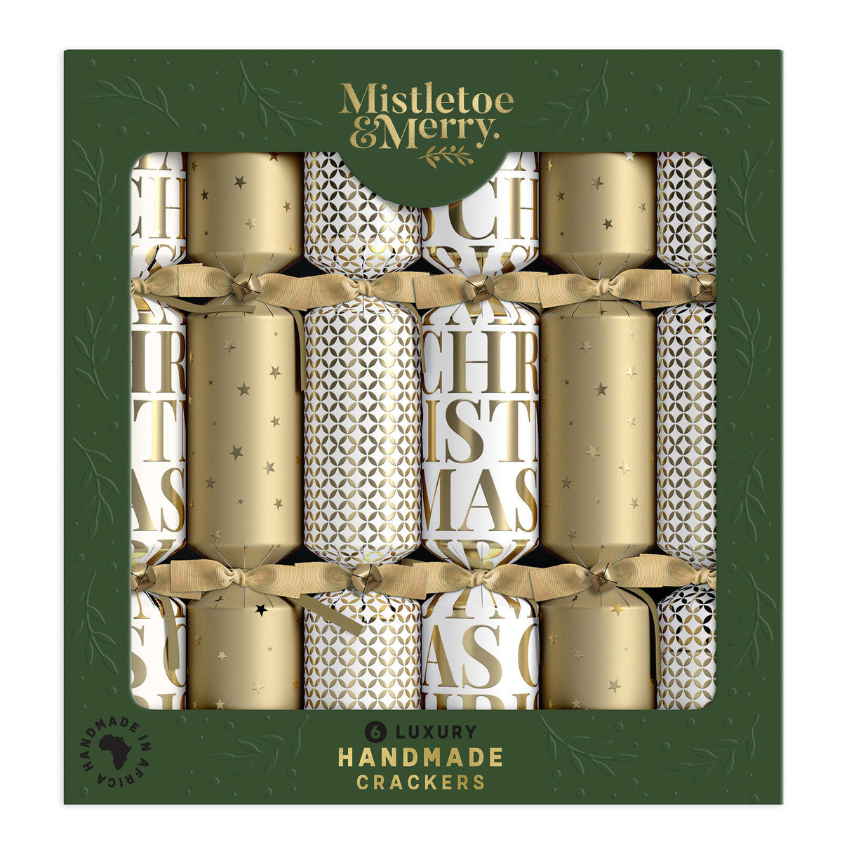 Christmas Crackers with assorted patterns in a gold and white colour scheme