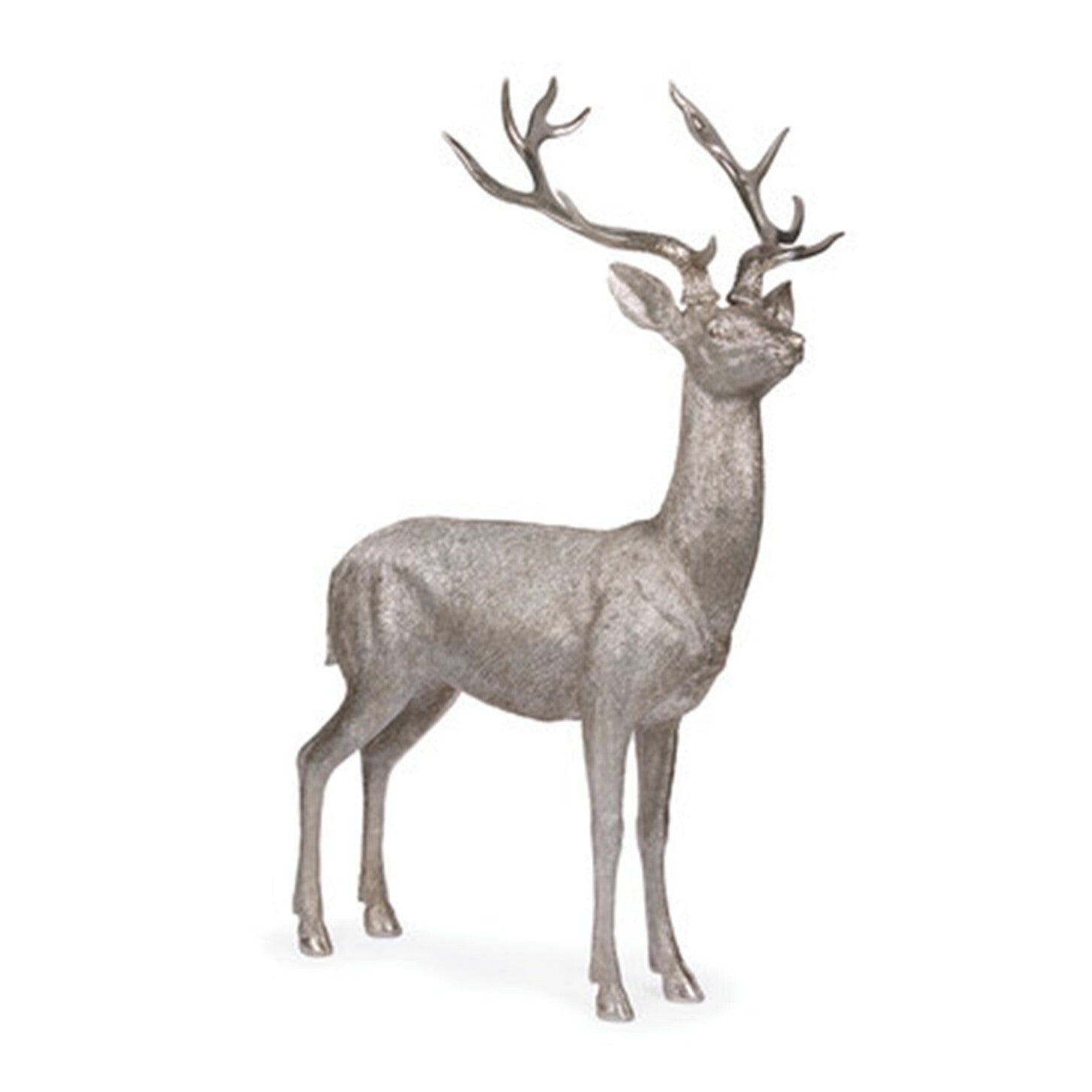 Standing silver deer statue etched to simulate natural fur texture
