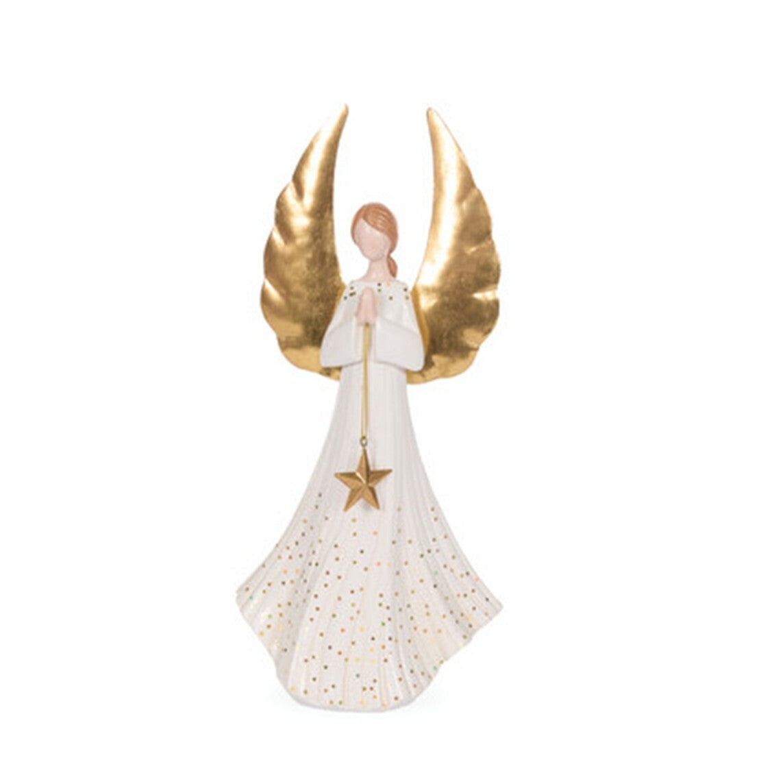 Angel praying ornament with gold wings and holding gold star