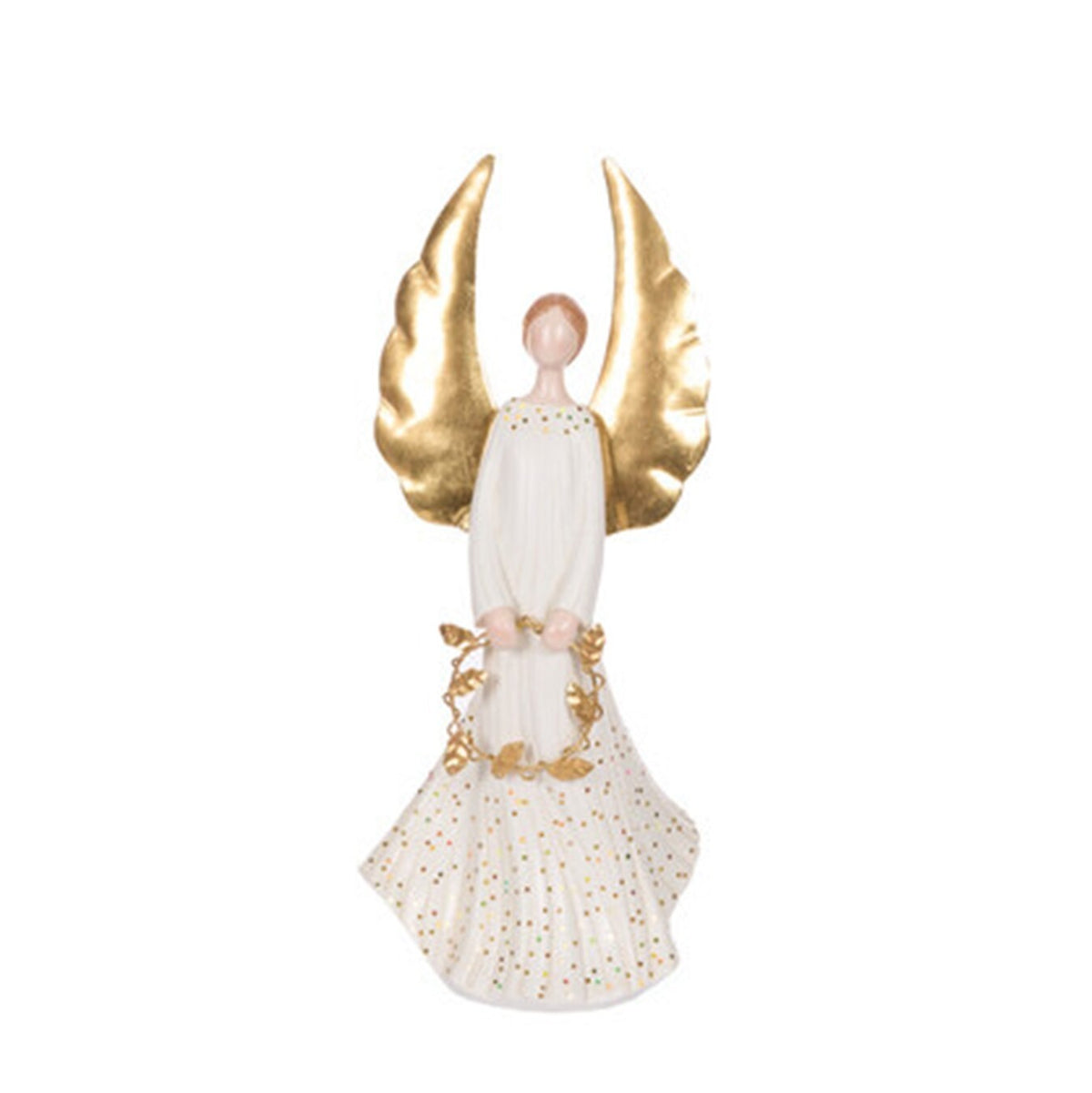 Angel ornament with white dress, gold wings and holding gold wreath