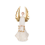 Angel ornament with white dress, gold wings and holding gold wreath