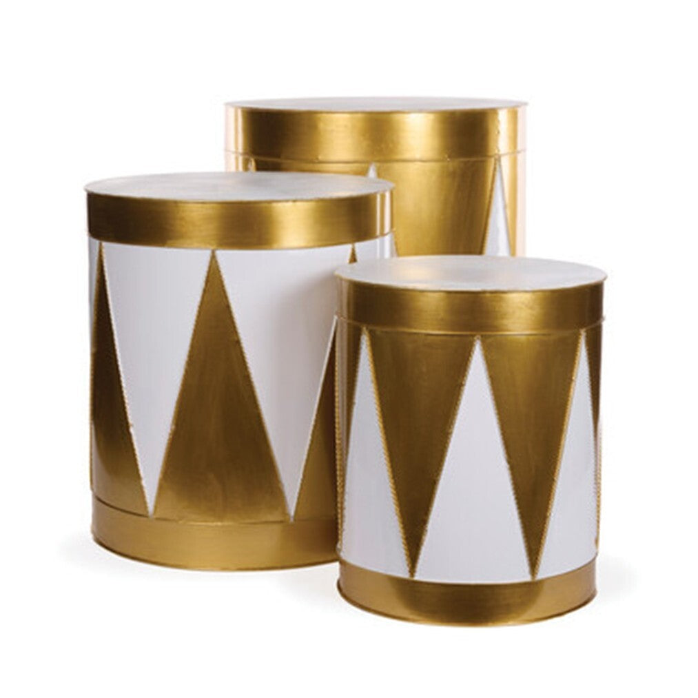 Decorative drum with gold and white harlequin design