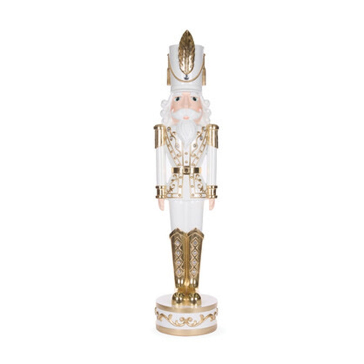 Gold and white nutcracker with feather and jewel on hat