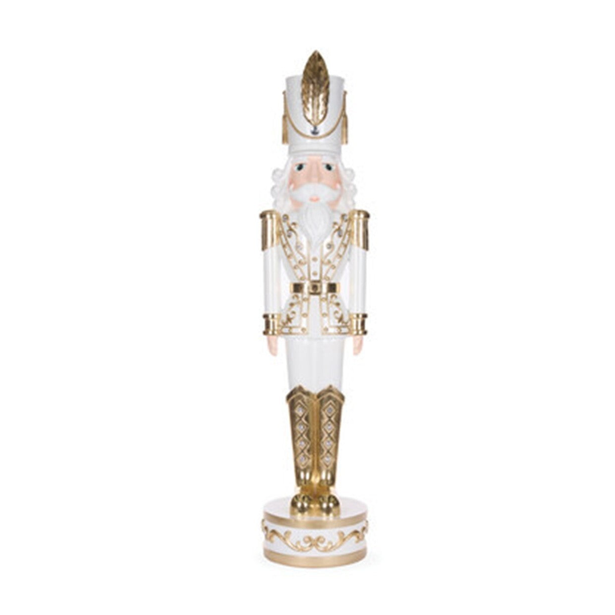 Gold and white nutcracker with feather and jewel on hat
