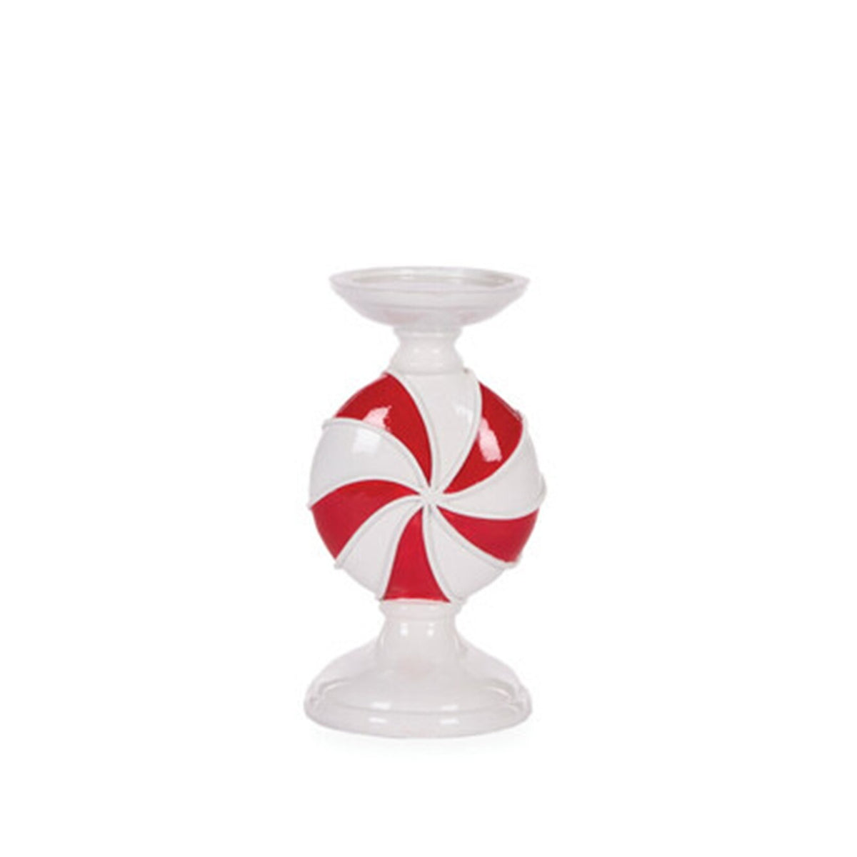 Candle holder with a red and white peppermint swirl design