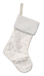 Ivory white Christmas stocking with subtle lattice design and fur trim