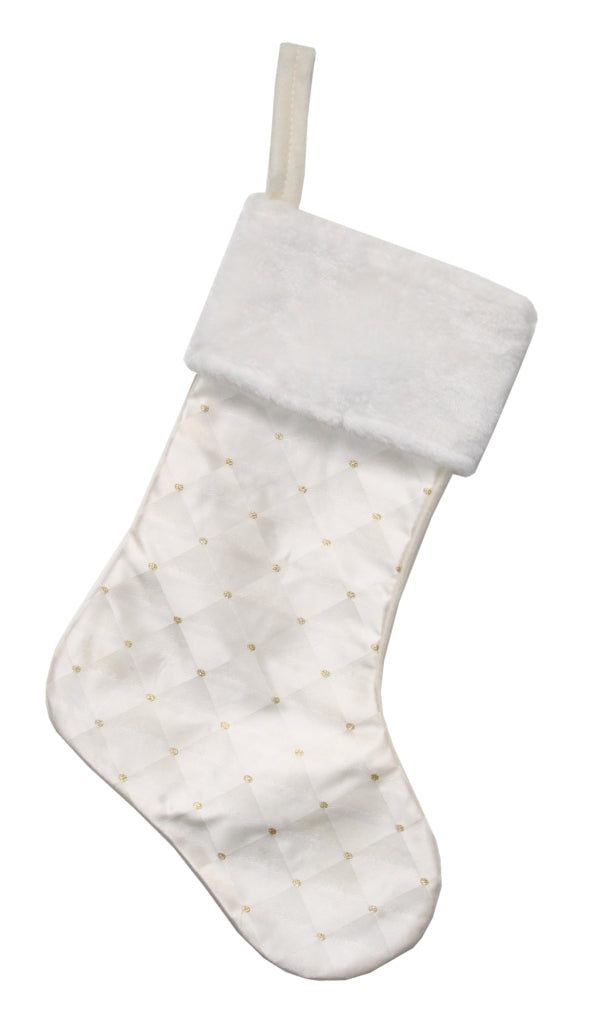 Ivory white Christmas stocking with subtle lattice design and fur trim
