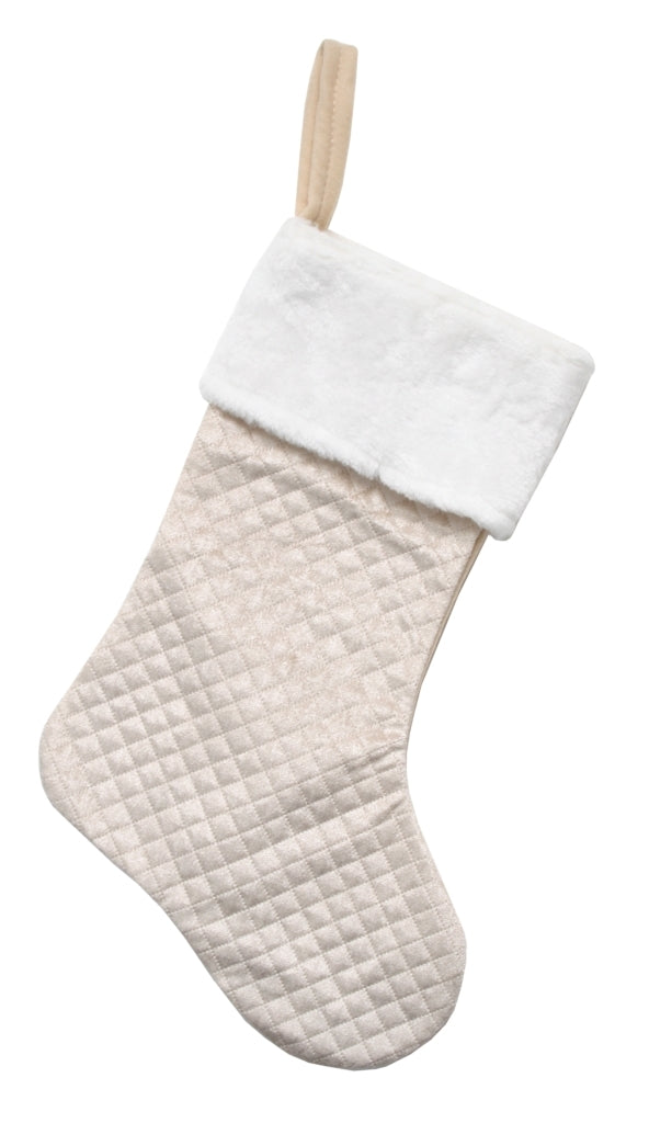 Cream colour Christmas stocking with quilted pattern and fur trim.