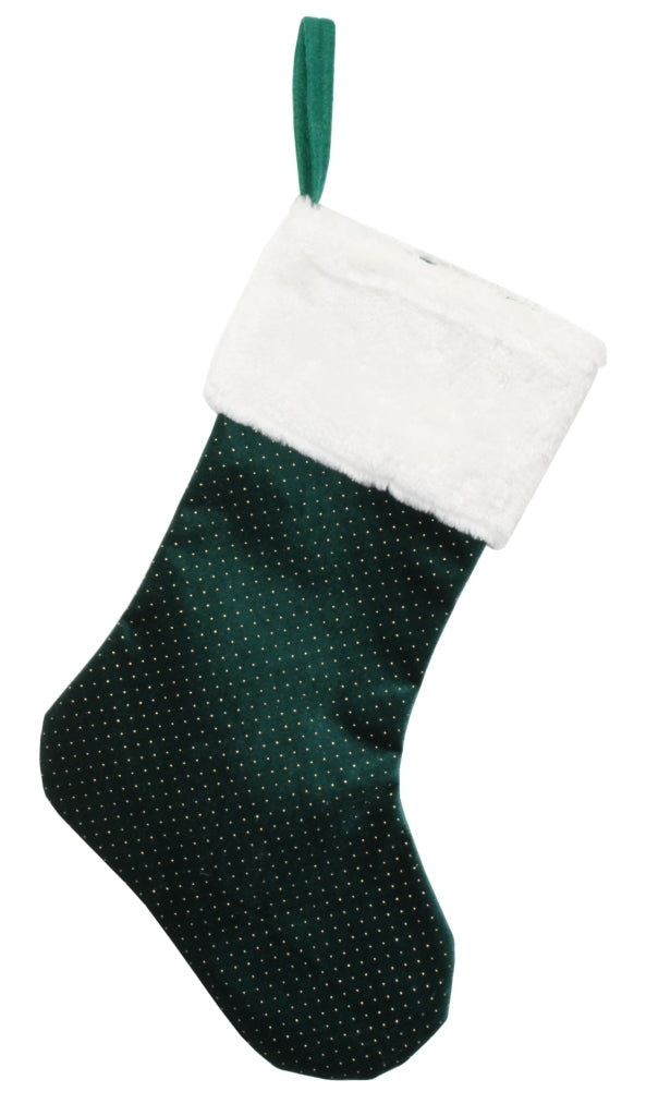 Emerald green Christmas stocking with small gold dots and fur trim