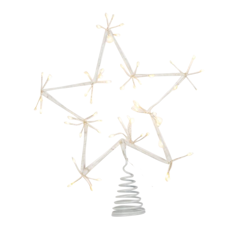 warm white tree topper with light burst on every corner and point
