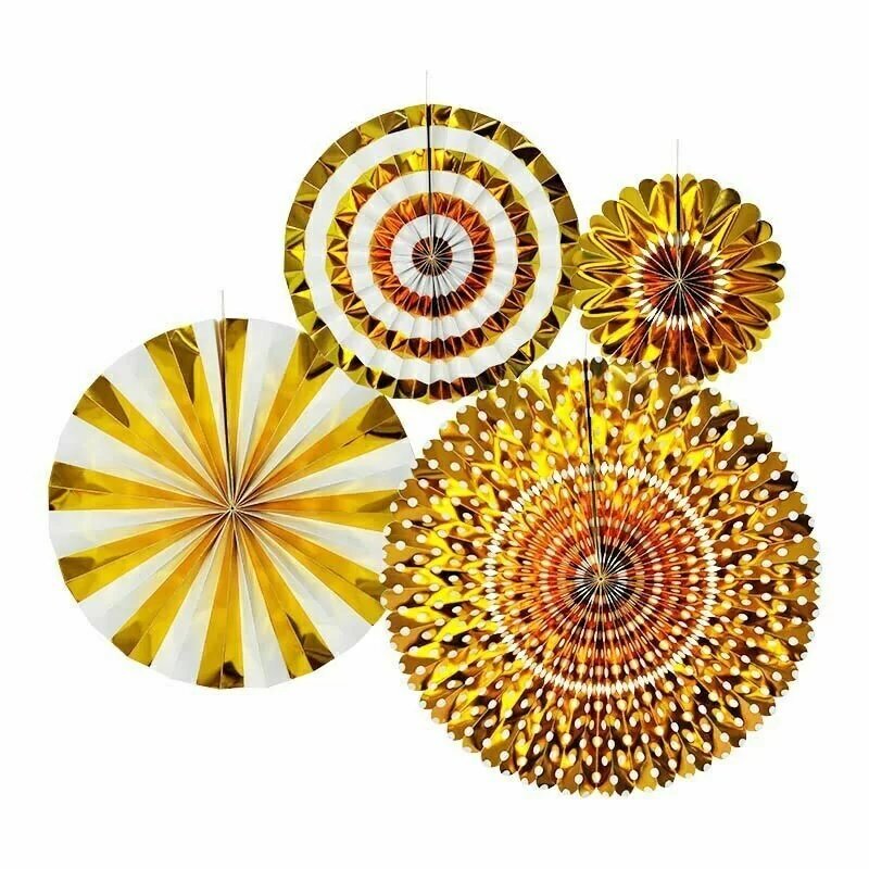 4 Piece Paper Fan Set Gold 20,28,35,44cm - Christmas Decorations Brisbane