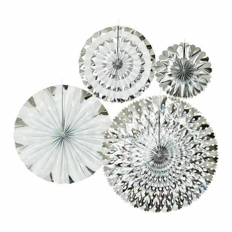 4 Piece Paper Fan Set Silver 20,28,35,44cm - Christmas Decorations Brisbane