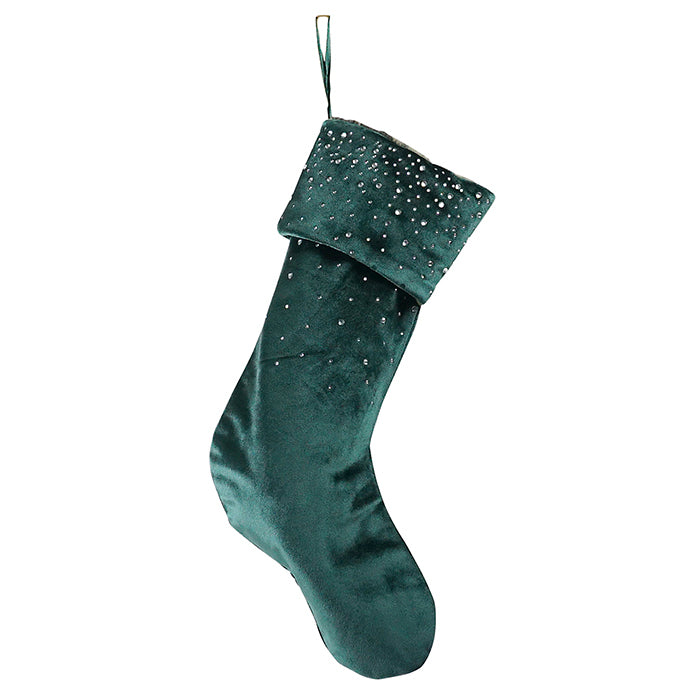 Green velvet Christmas stocking with diamantes