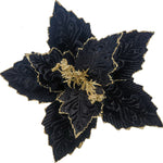 Black fabric velvet clip-on poinsettia flower with gold glitter trim