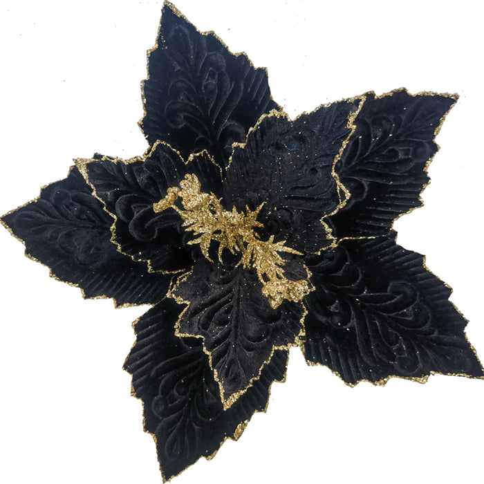 Black fabric velvet clip-on poinsettia flower with gold glitter trim