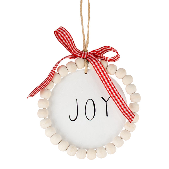 "Joy" white disc hanging ornament with wooden bead border and red gingham bow