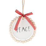 "Peace" white disc hanging ornament with wooden bead border and red gingham bow