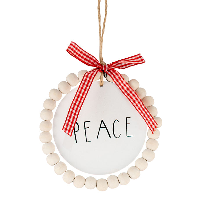 "Peace" white disc hanging ornament with wooden bead border and red gingham bow