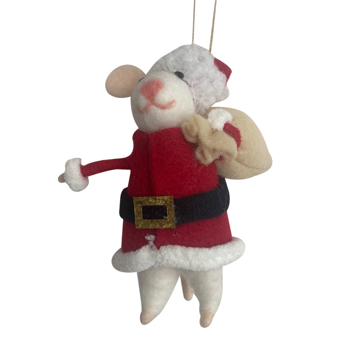 White mouse in santa outfit hanging ornament