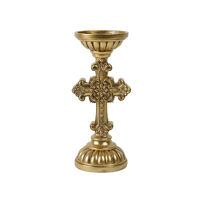 Antique gold candle holder with cross design