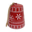 Red metal bell with white snowflake imagery and an attached rope for easy hanging
