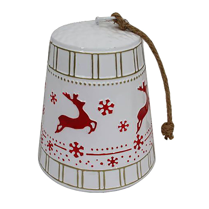 White metal bell with red snowflake and reindeer imagery